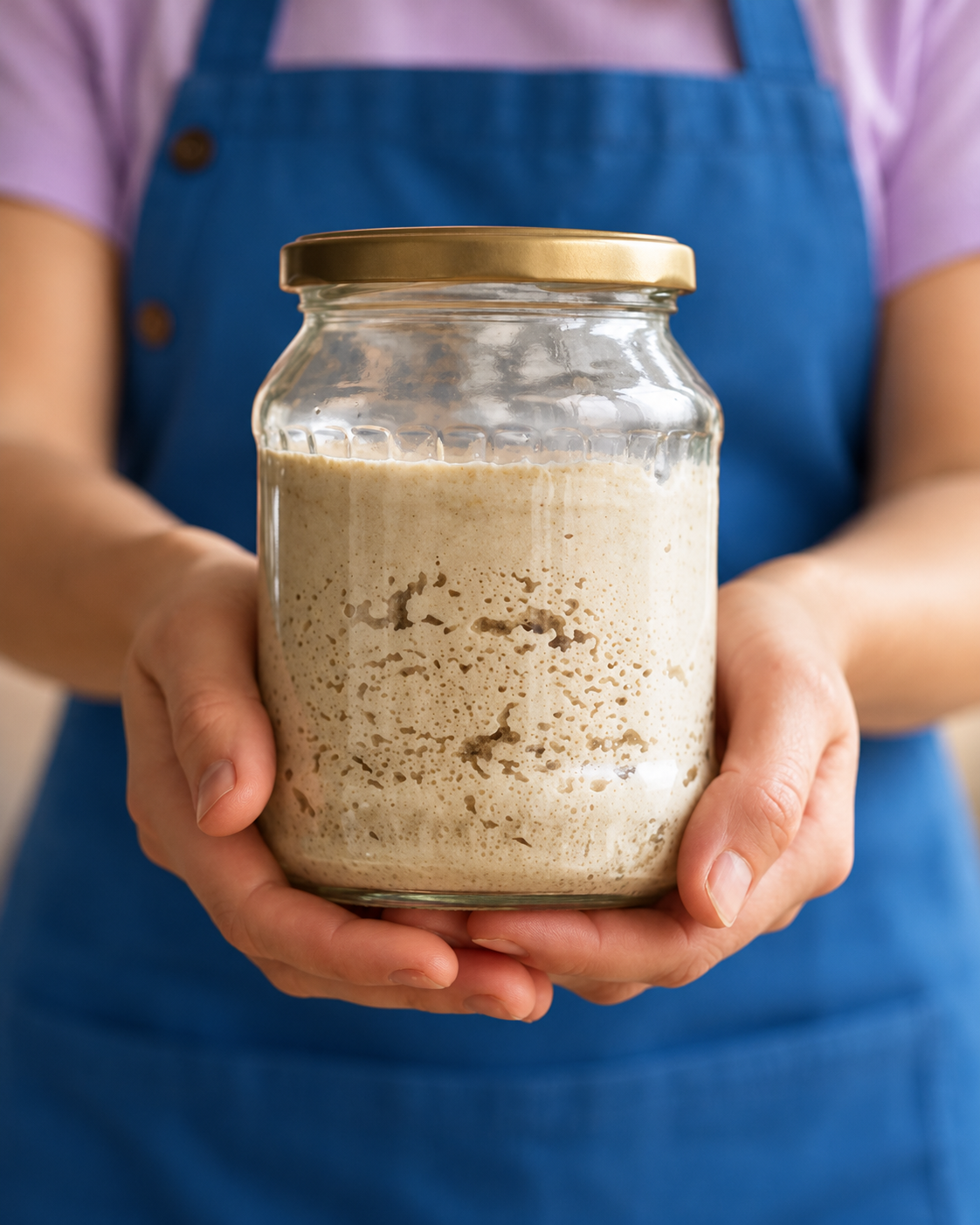 Hands holding a glass jar of active sourdough starter