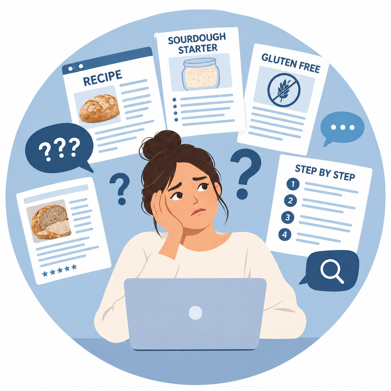 Illustration: confused woman at her laptop surrounded by recipes