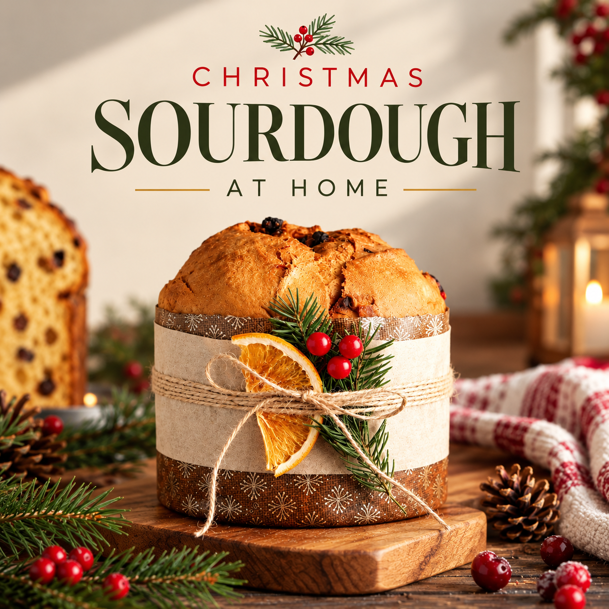 Cover of the Christmas Sourdough at Home ebook with a decorated panettone