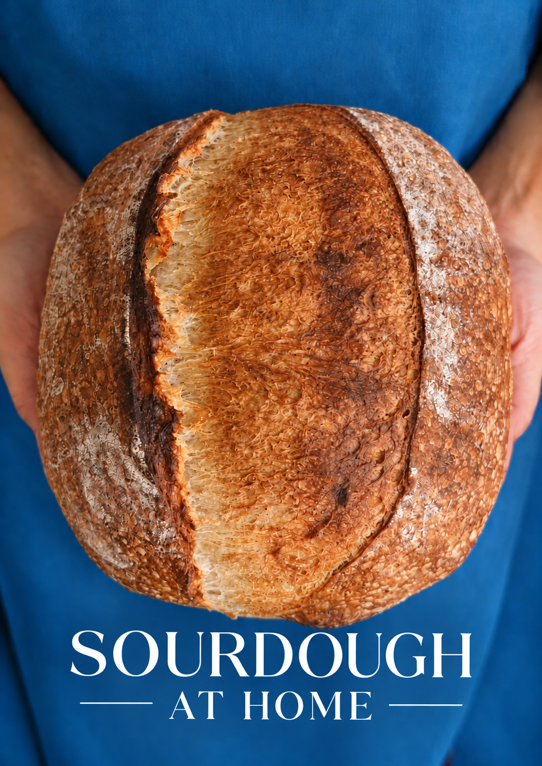 Cover of the Sourdough at Home guide: hands holding a sourdough loaf over a blue apron