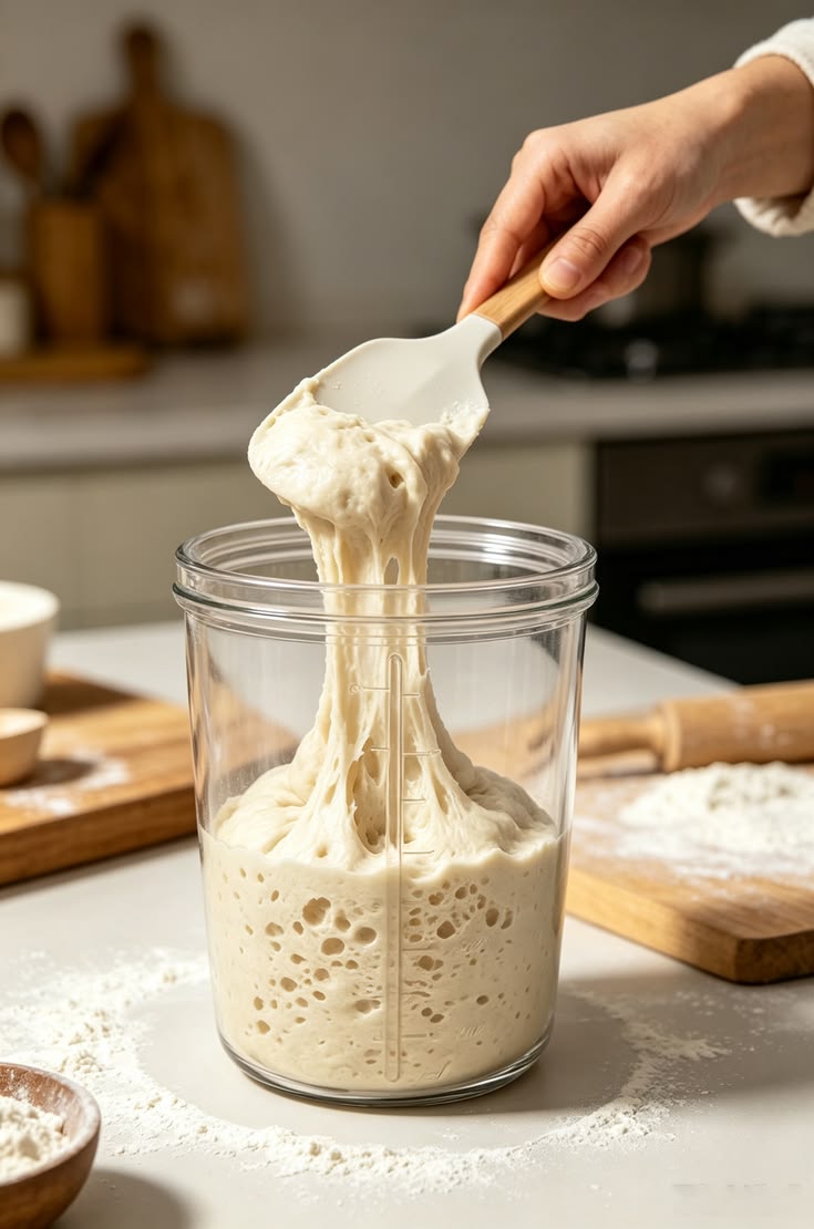Active sourdough starter lifted with a spatula over a glass jar in the kitchen