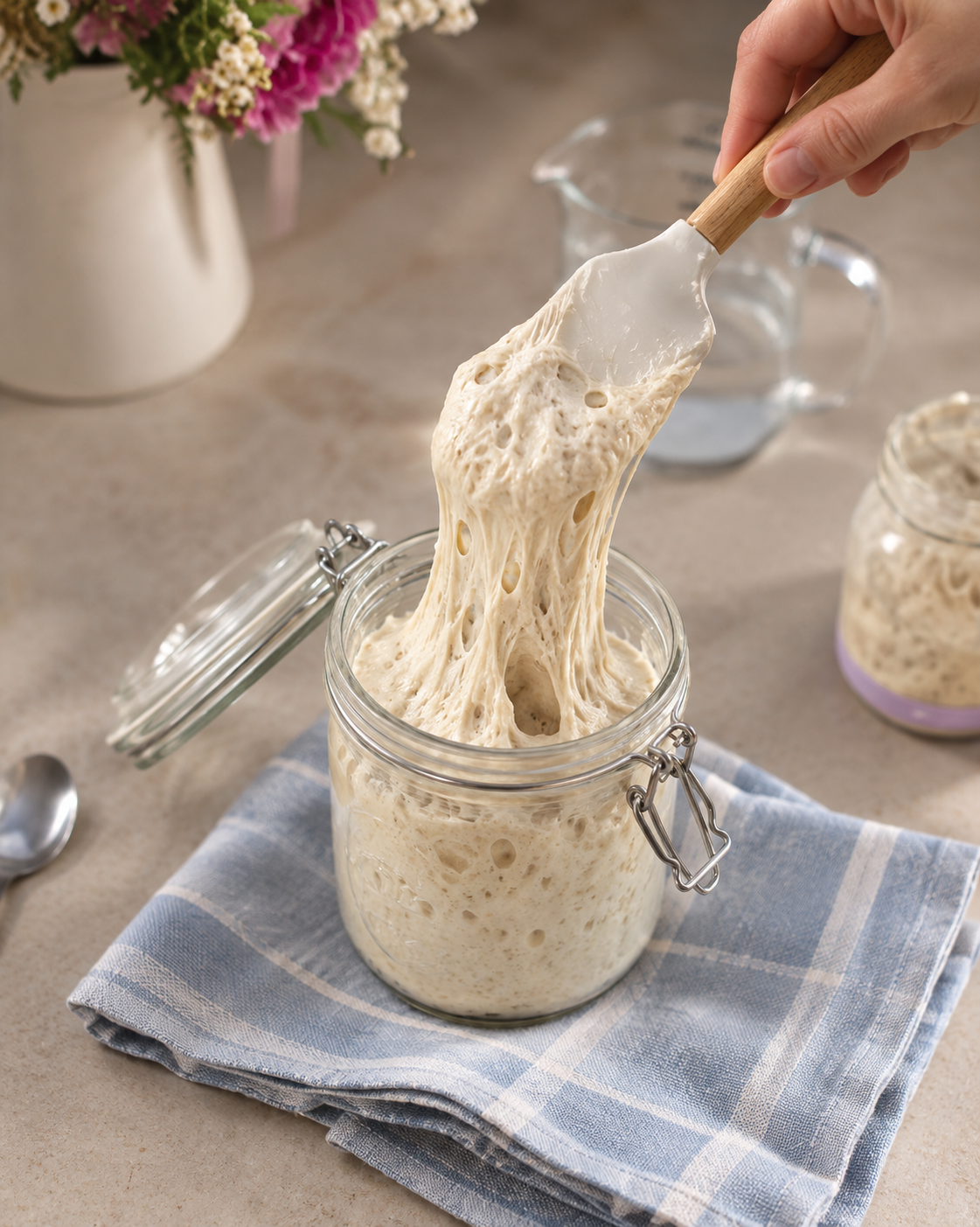 Glass jar of bubbly sourdough starter lifted with a spatula