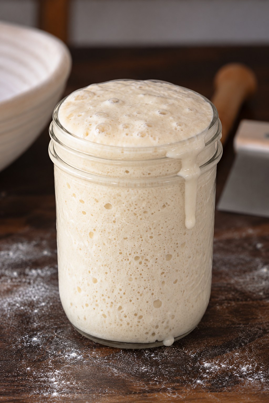 Glass jar full of active, bubbly sourdough starter, with flour dusted on the table