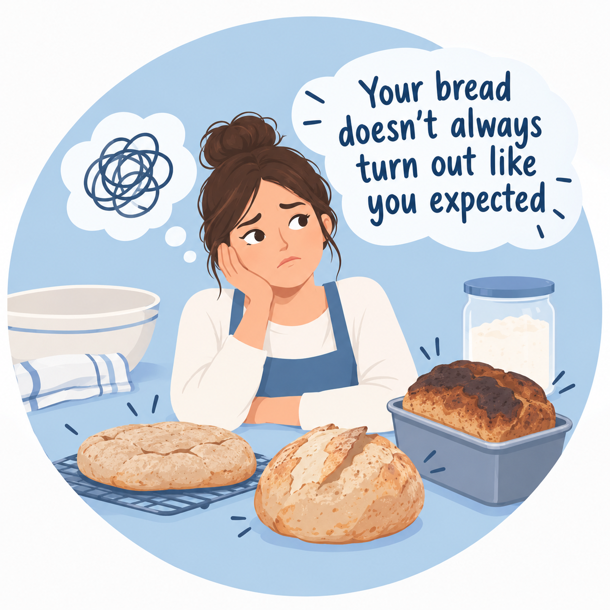 Illustration: frustrated woman looking at loaves that didn't turn out as expected