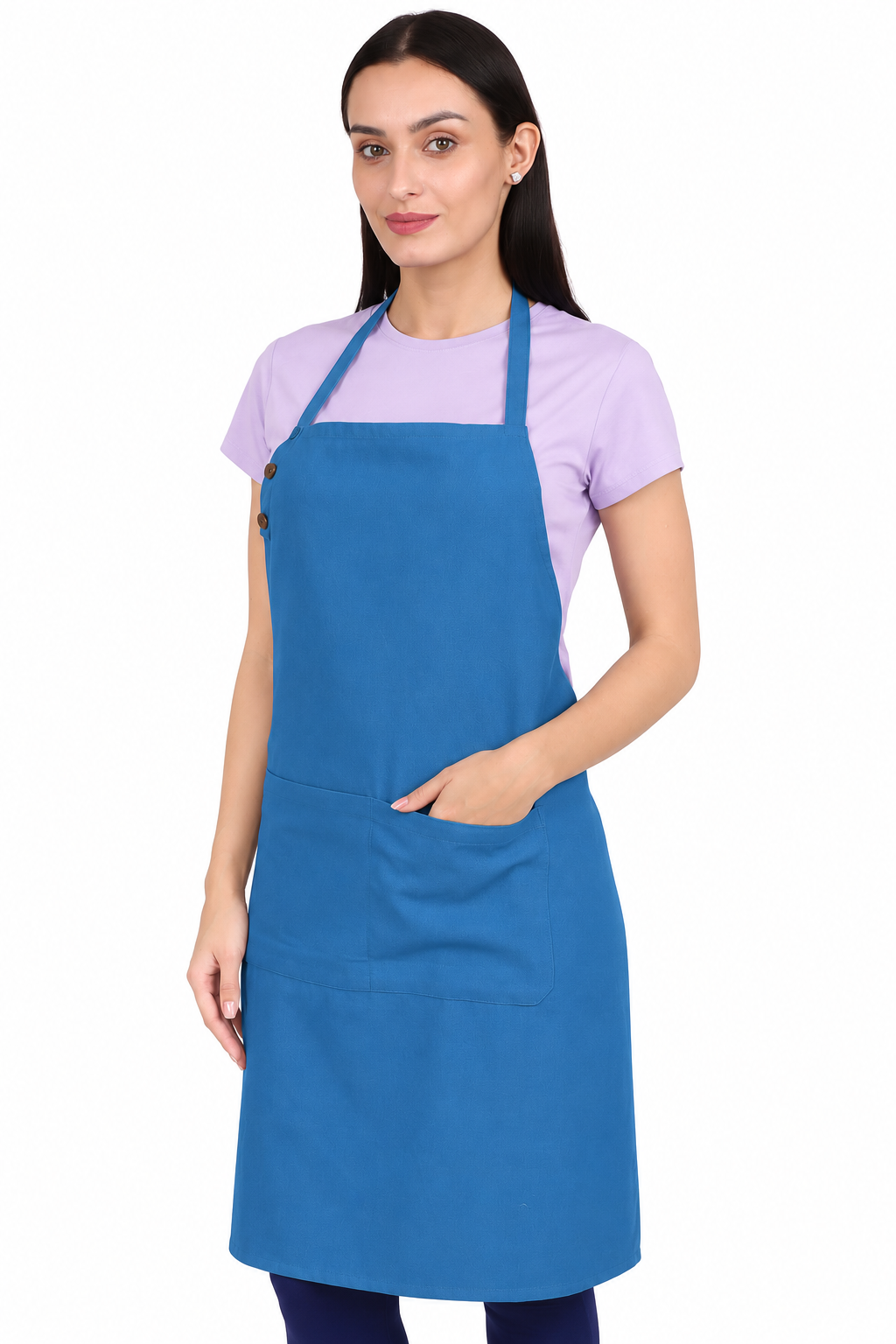 Emma, your teacher, in a blue apron
