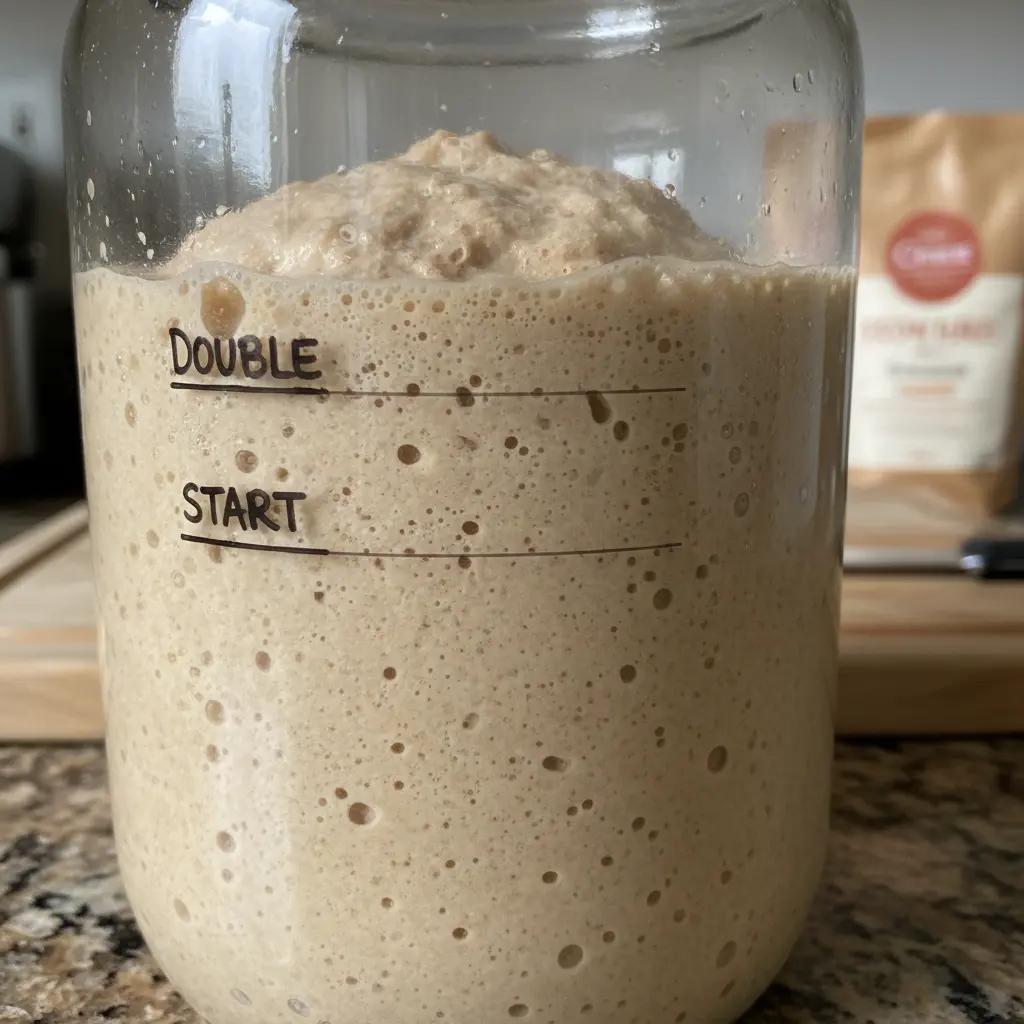 Jar of active sourdough starter that has doubled in size, with start and double marks