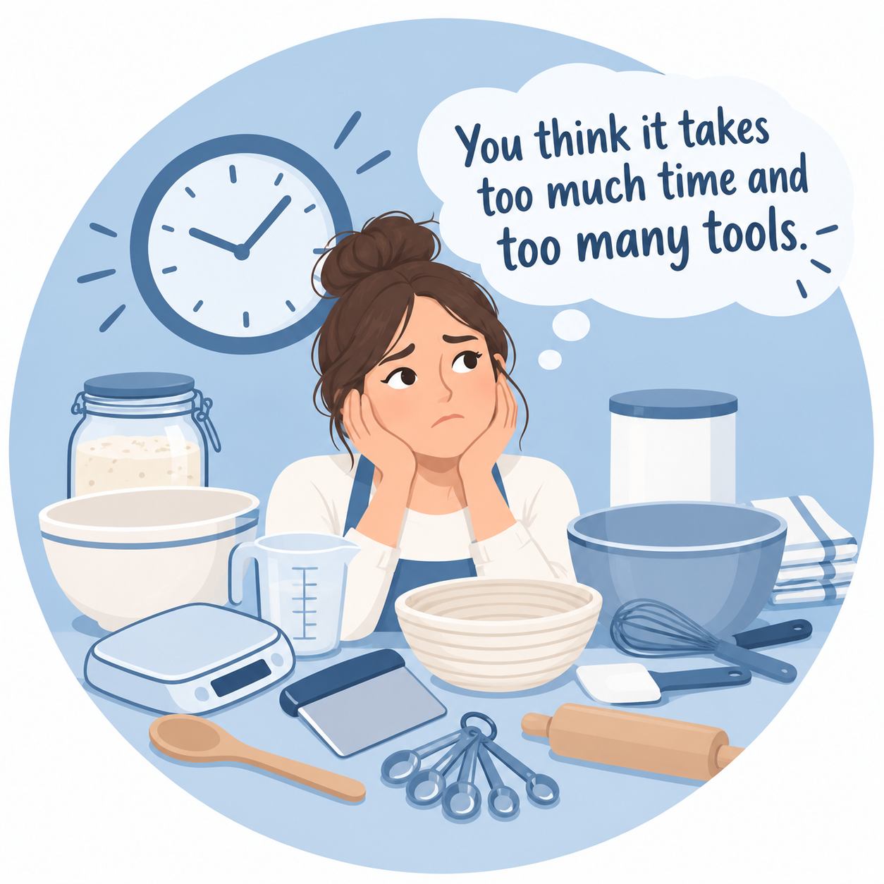 Illustration: worried woman surrounded by kitchen tools and a clock