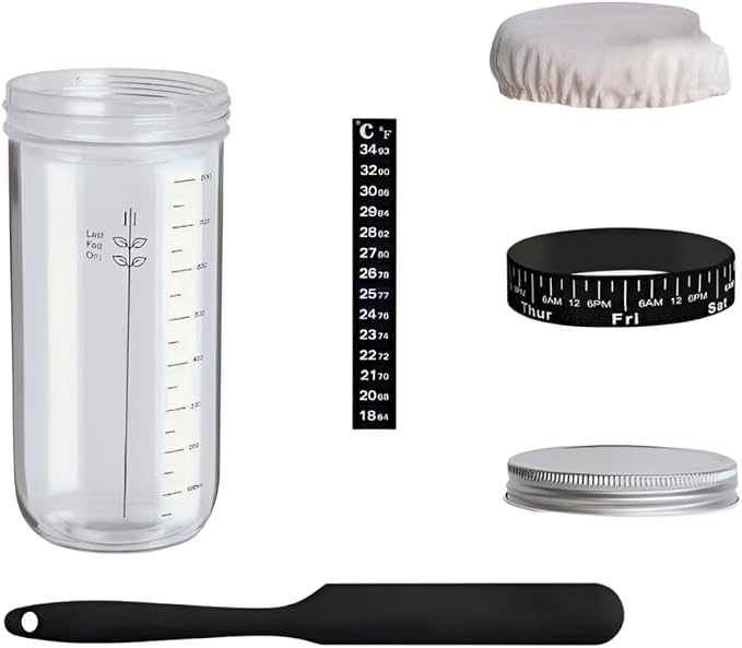 Sourdough kit: graduated glass jar, lid, cloth cover, date band, stick-on thermometer and spatula