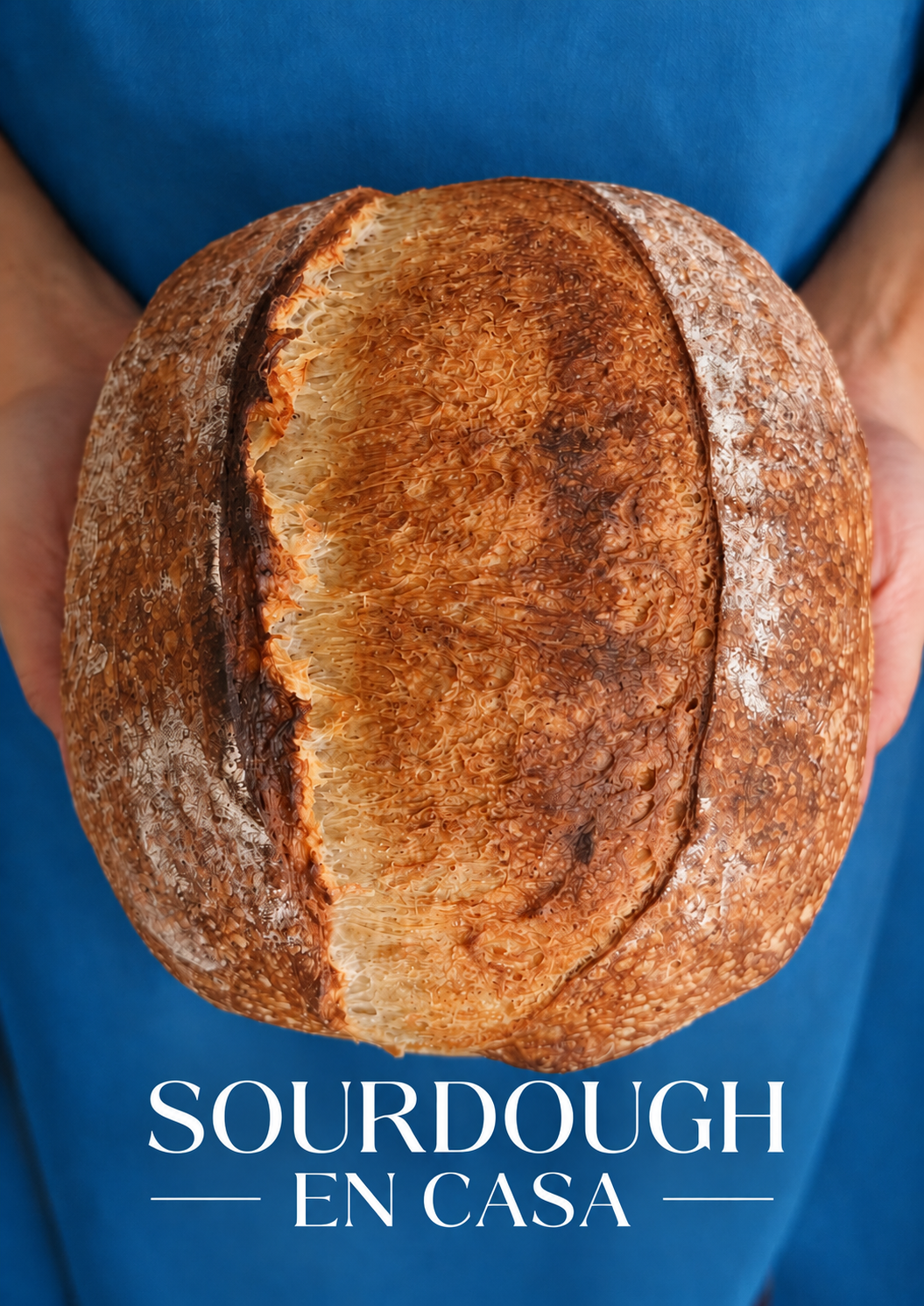 Cover of the Sourdough at Home course: hands holding a sourdough loaf over a blue apron
